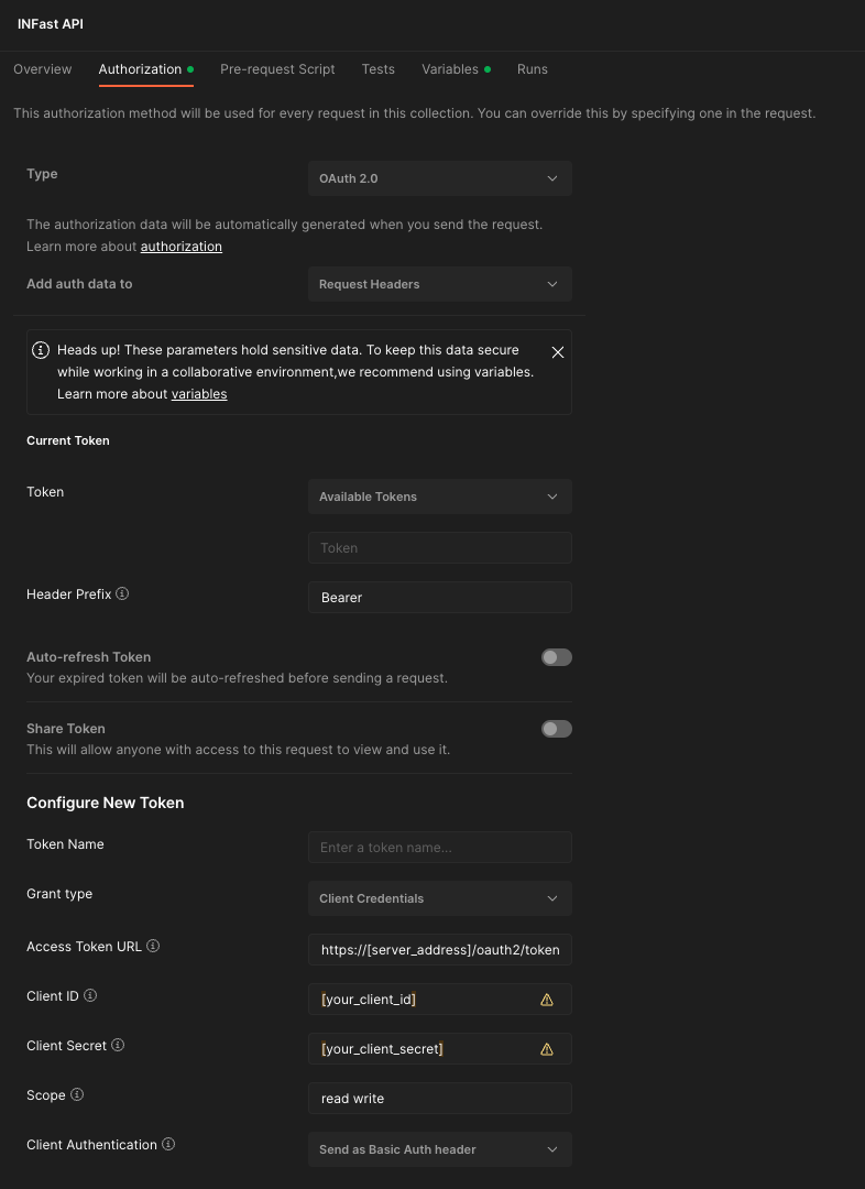 Postman OAuth configuration for INFast API
